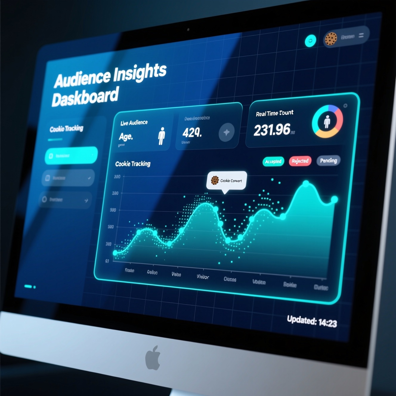 Tableau de bord analytics sur écran d'ordinateur (mesure d'audience, cookies)